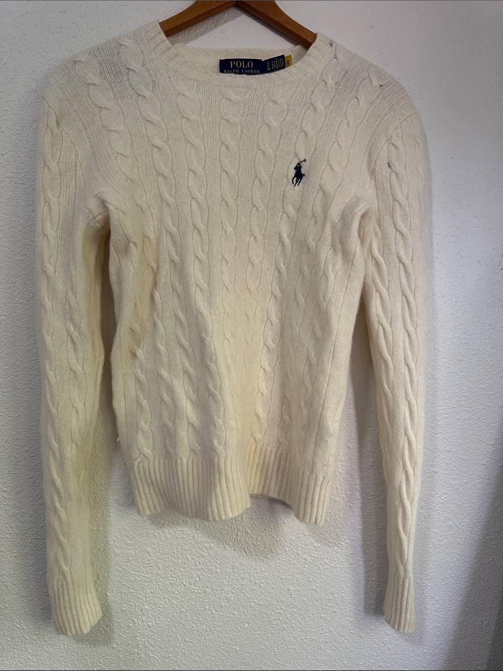 Polo by Ralph Lauren Cream Cable-Knit Crewneck Sweater with Navy Pony